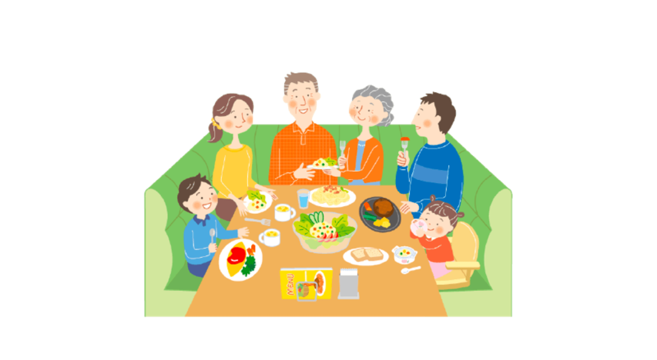 レストランで食事をしている家族のイラスト
